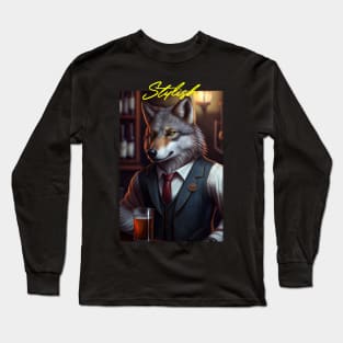 Wild And Classy Barkeeper Wolf In A Suit - Unique Wildlife Art Print For Fashion Lovers Long Sleeve T-Shirt